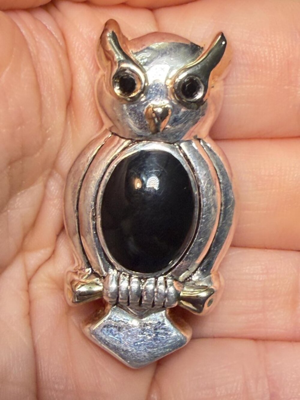 Vintage Owl Brooch Black Jelly Belly Silver Tone Perched Bird Pin 2”